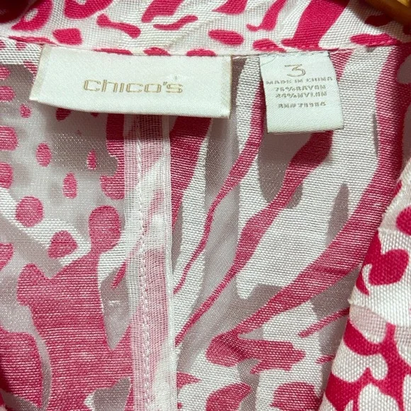 Chicos 3 Womens Sheer Zip Jacket XL Pink White Animal Print Drawstring Boho Chic - Picture 10 of 13